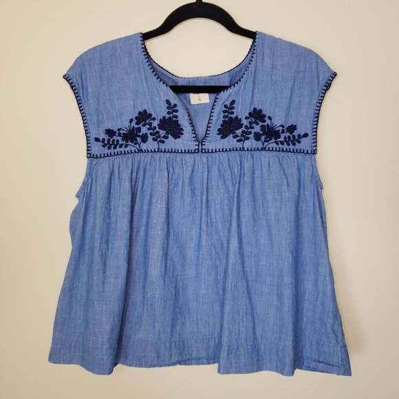 GAP Tops - GAP Women's 90's Y2K Chambray Blue Embroidered Babydoll Top Size Large